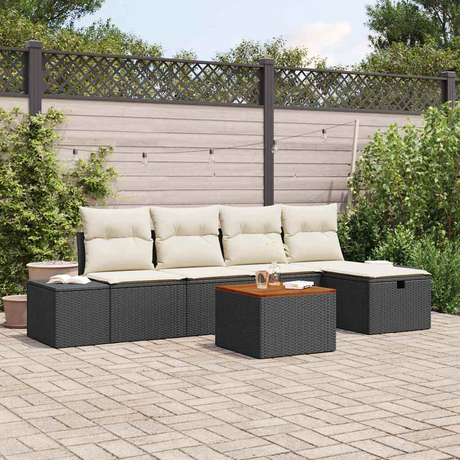Tuinbankenset met kussen met opslag 6 pcs Zwart poly rattan