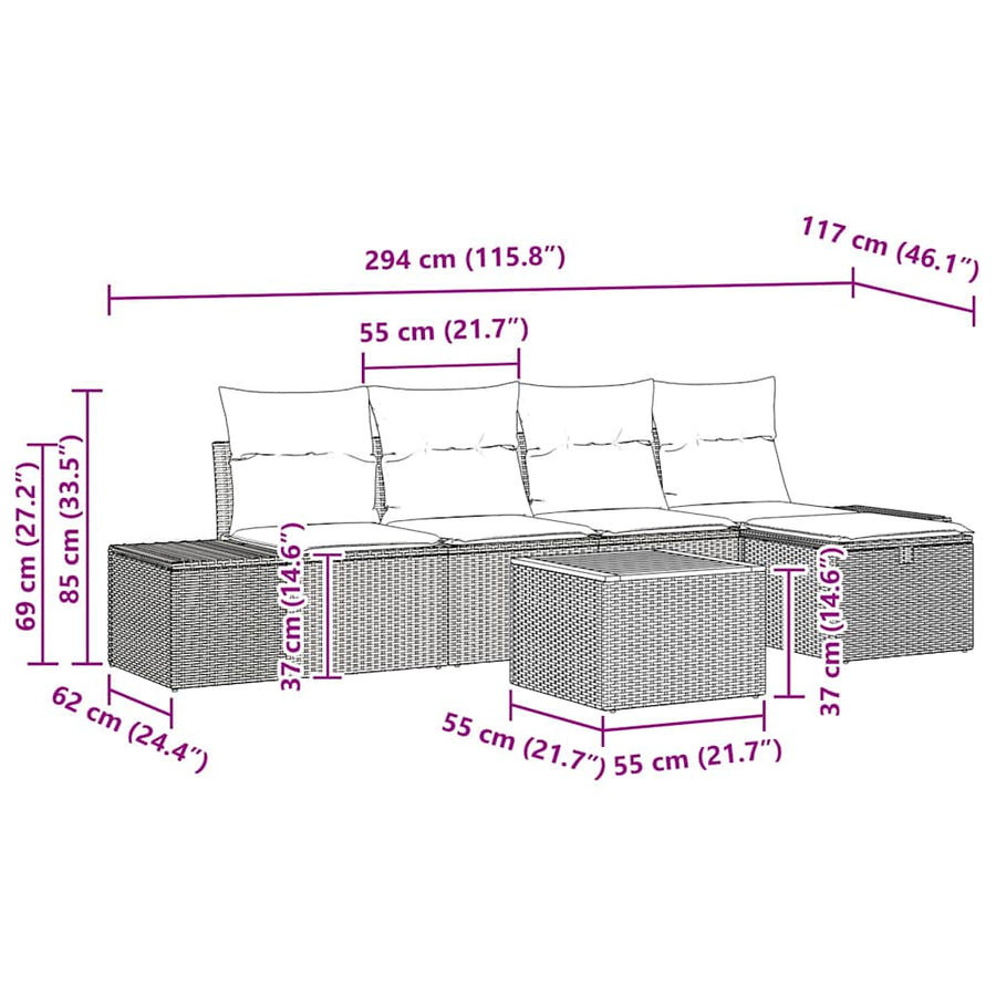 Tuinbankenset met kussen met opslag 6 pcs Zwart poly rattan