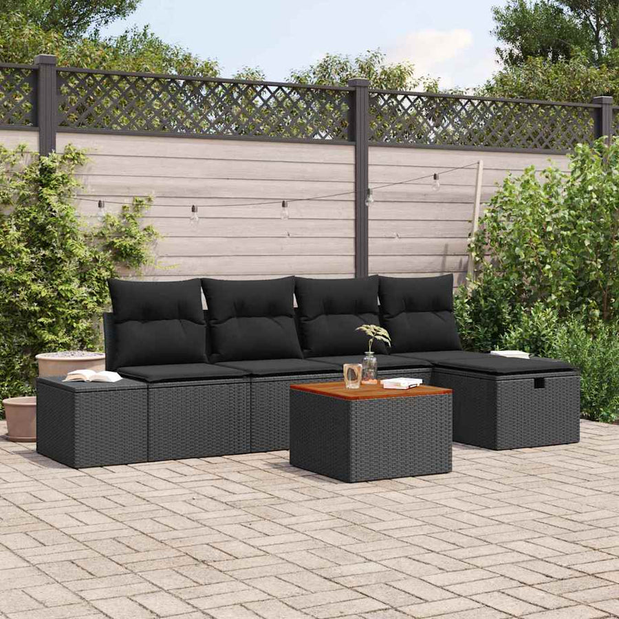 Tuinbankenset met kussen met opslag 6 pcs Zwart poly rattan
