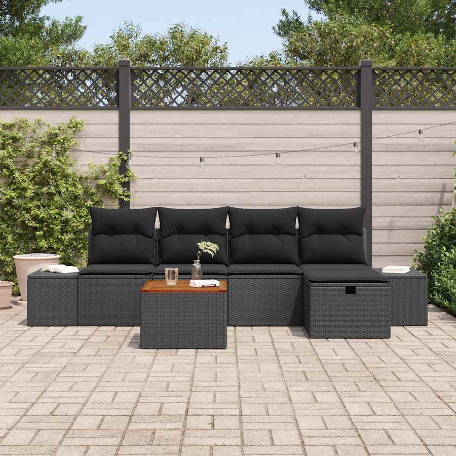 Tuinbankenset met kussen met opslag 6 pcs Zwart poly rattan