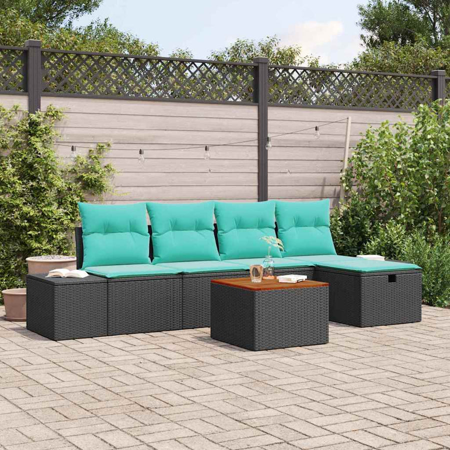 Tuinbankenset met kussen met opslag 6 pcs Zwart poly rattan
