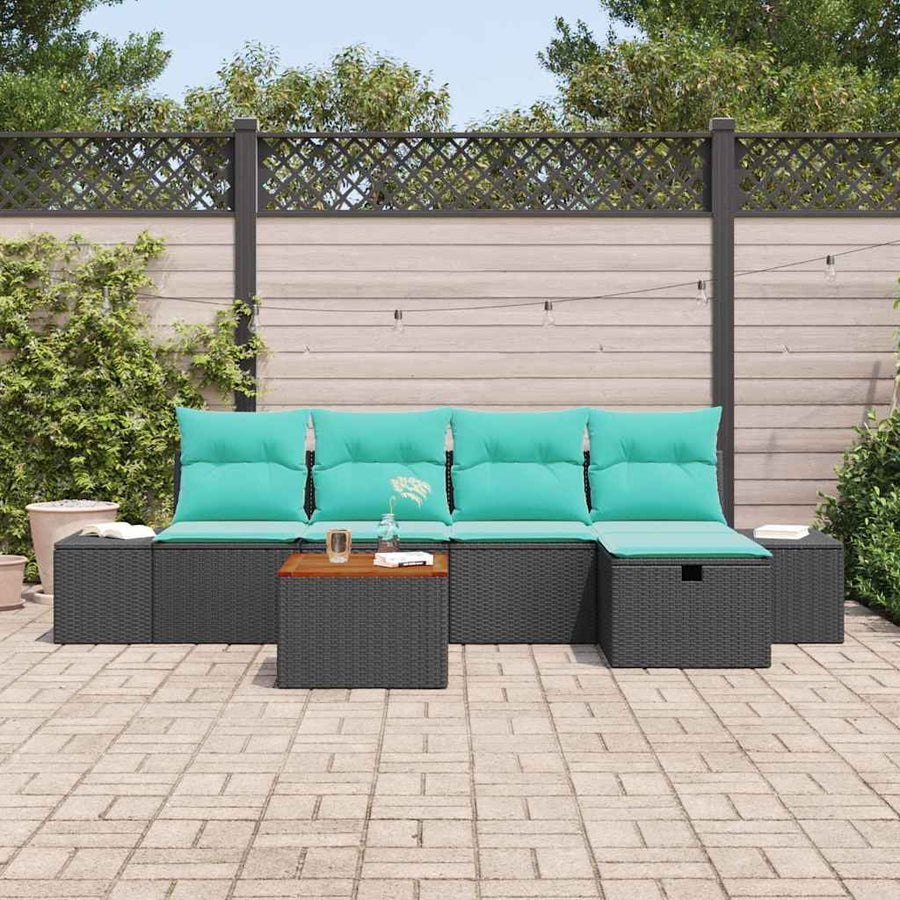 Tuinbankenset met kussen met opslag 6 pcs Zwart poly rattan