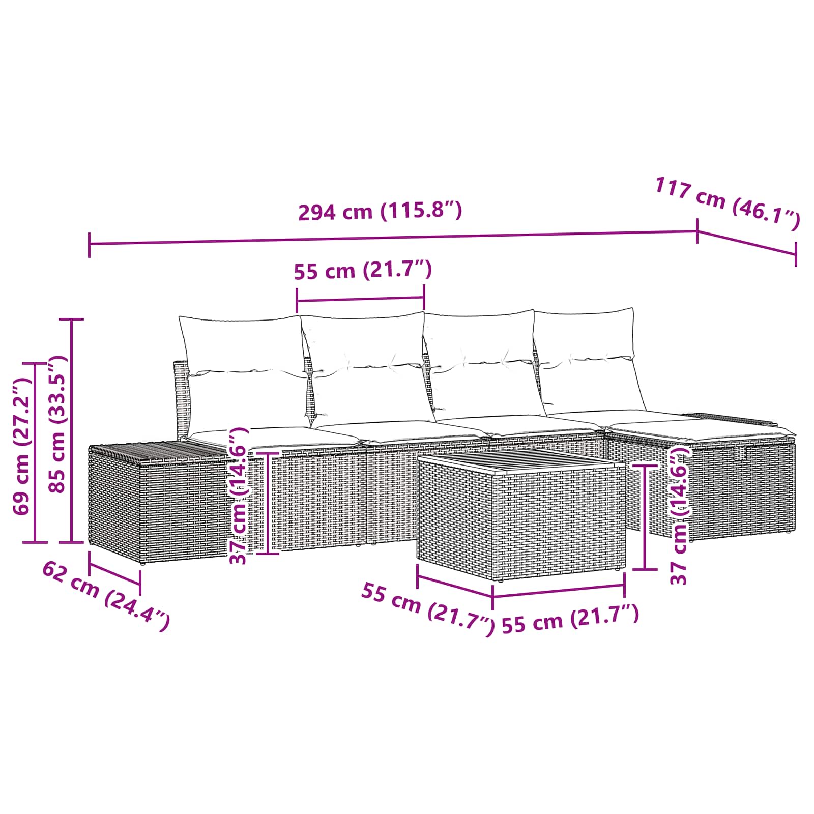Tuinbankenset met kussen met opslag 6 pcs Zwart poly rattan