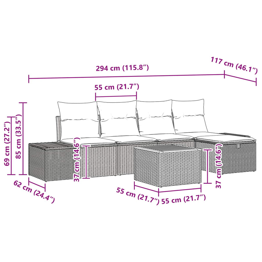 Tuinbankenset met kussen met opslag 6 pcs Zwart poly rattan