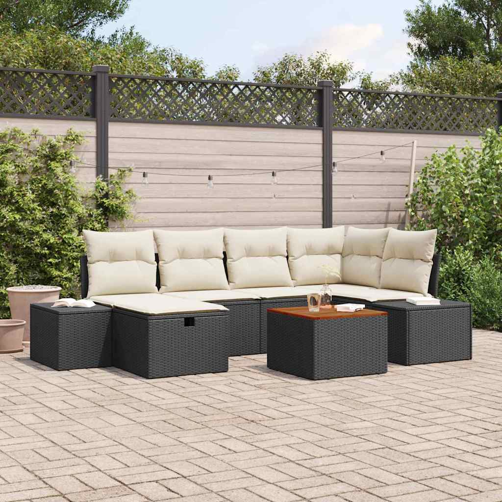 Tuinbankenset met kussen met opslag 7 pcs Zwart poly rattan