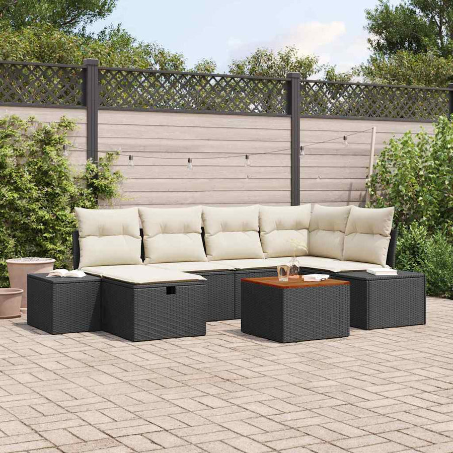 Tuinbankenset met kussen met opslag 7 pcs Zwart poly rattan