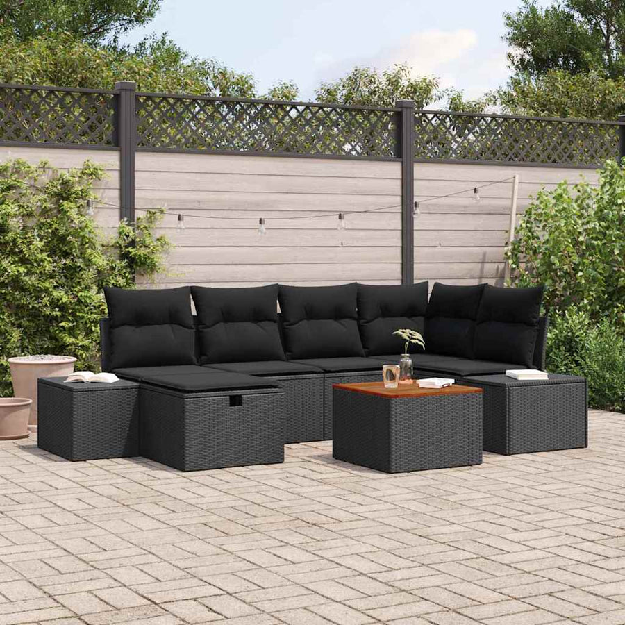 Tuinbankenset met kussen met opslag 7 pcs Zwart poly rattan