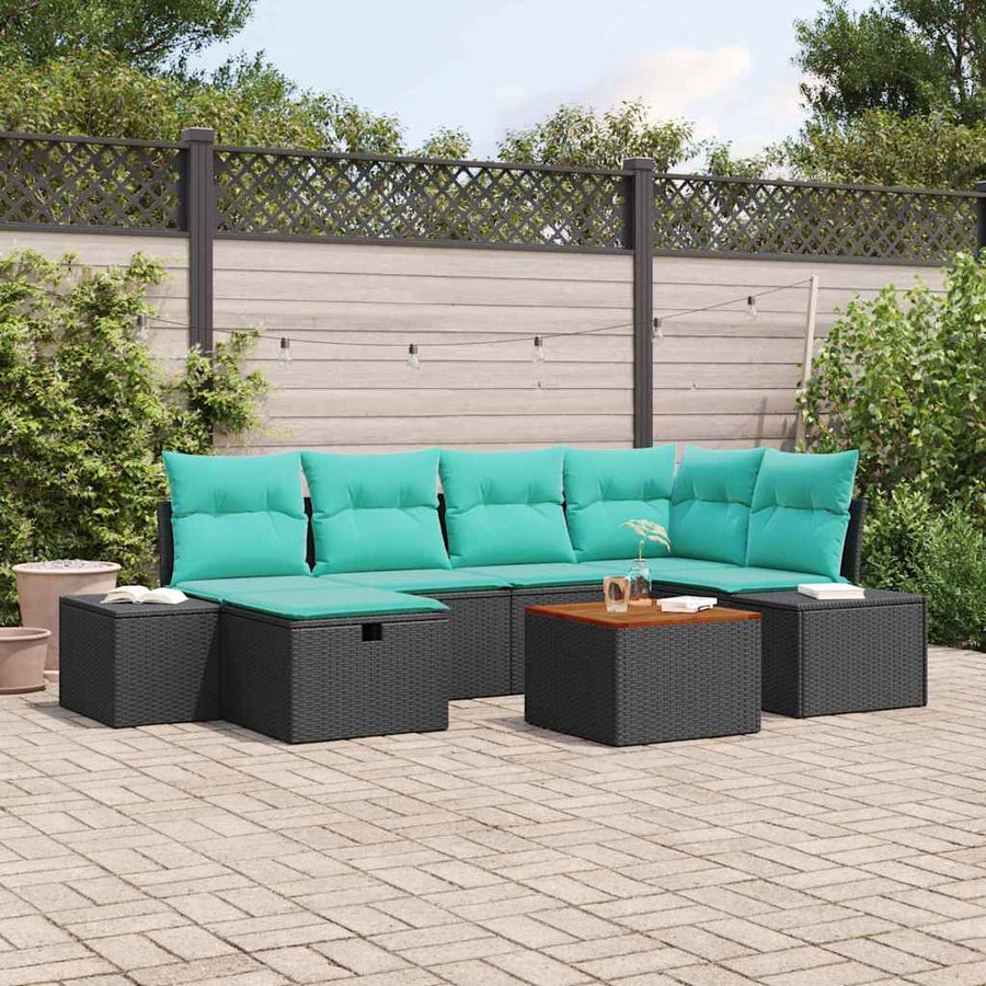 Tuinbankenset met kussen met opslag 7 pcs Zwart poly rattan