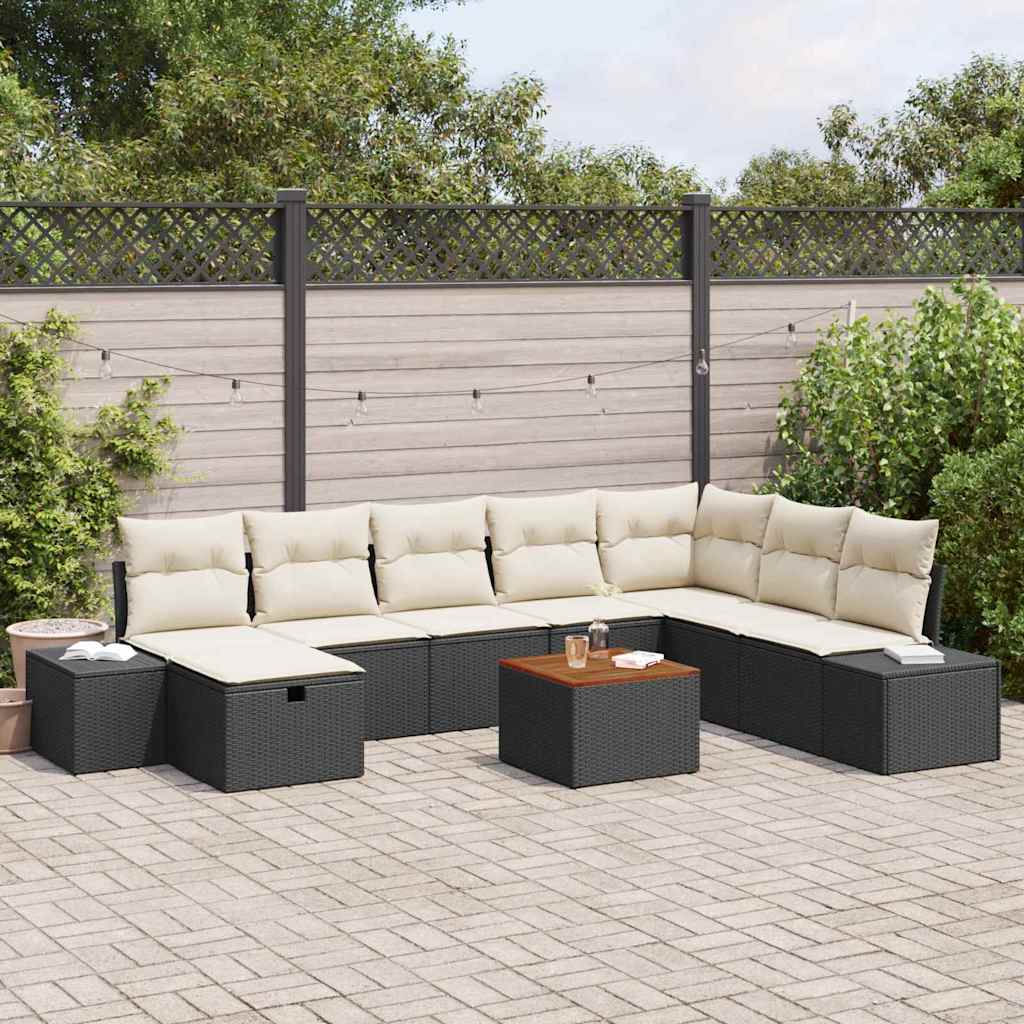 Tuinbankenset met kussen met opslag 9 pcs Zwart poly rattan
