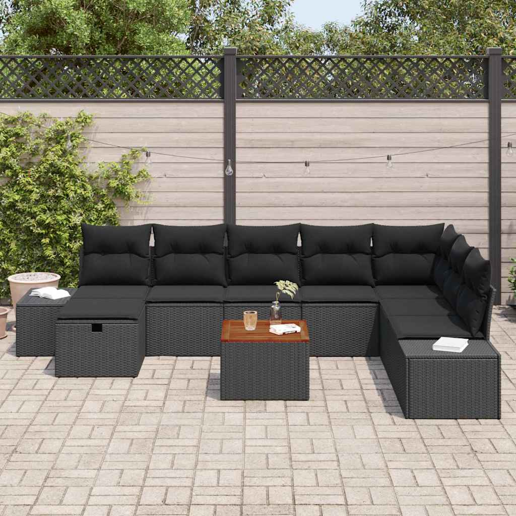 Tuinbankenset met kussen met opslag 9 pcs Zwart poly rattan