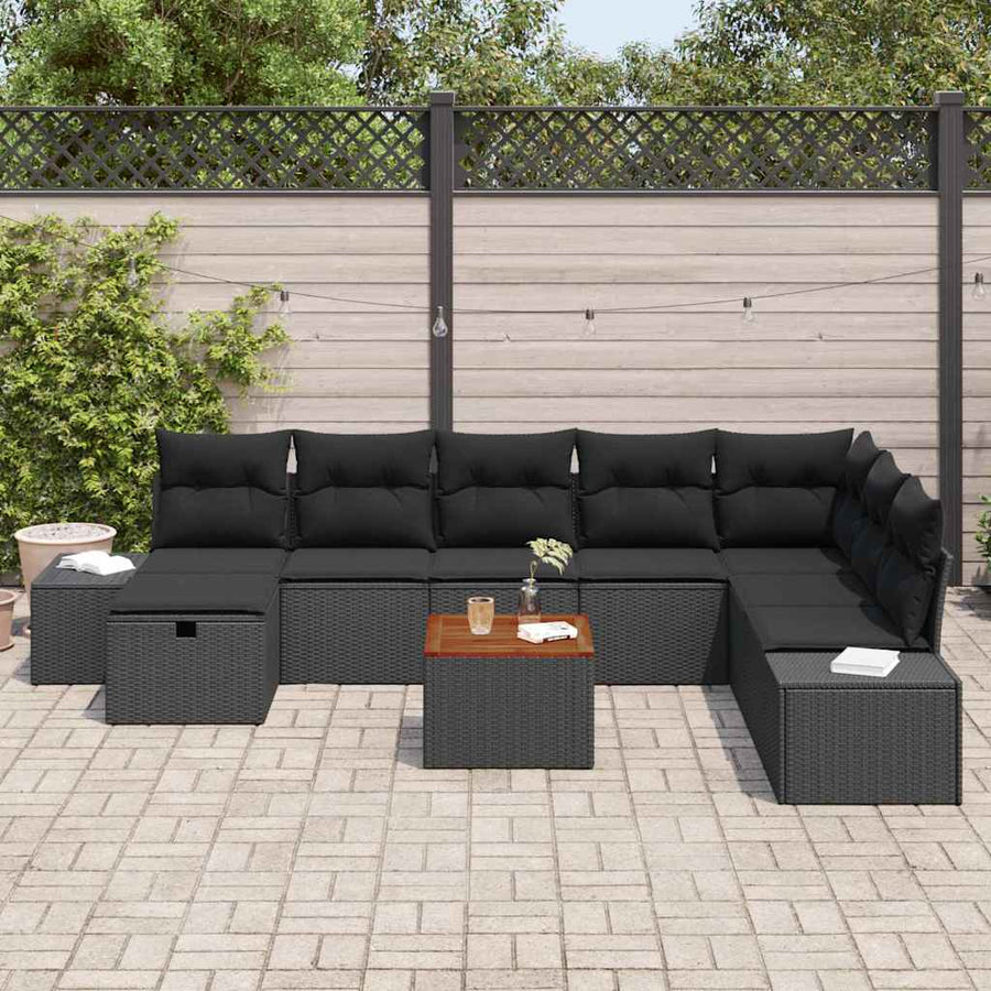 Tuinbankenset met kussen met opslag 9 pcs Zwart poly rattan