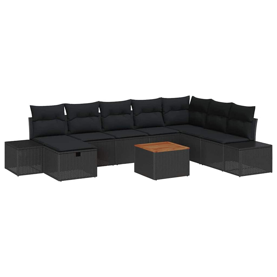 Tuinbankenset met kussen met opslag 9 pcs Zwart poly rattan