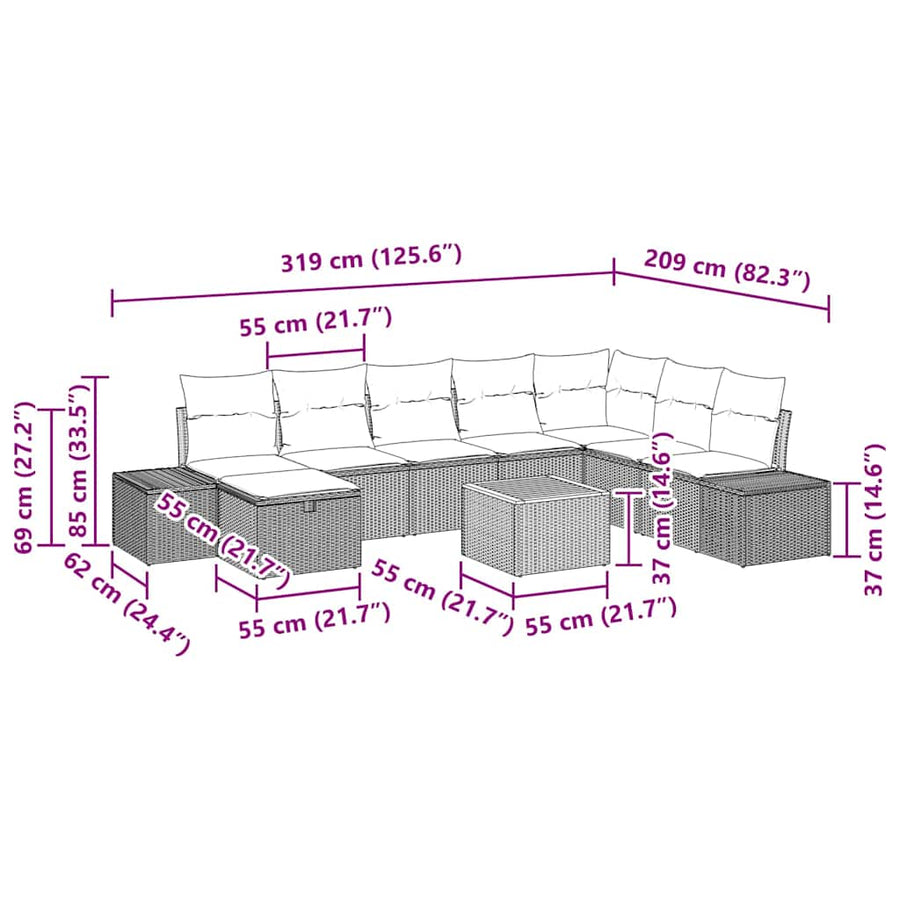 Tuinbankenset met kussen met opslag 9 pcs Zwart poly rattan