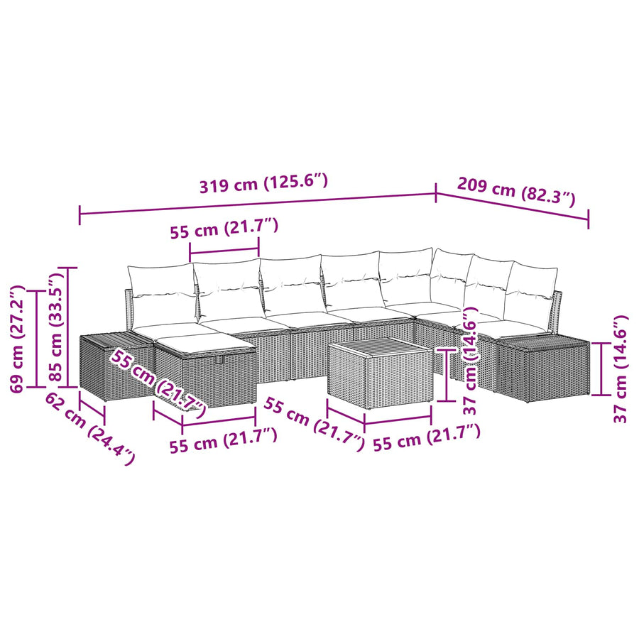 Tuin Sofa Set met kussen met opslag 9 pcs Zwart Poly riet
