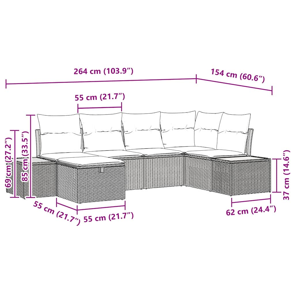 Tuinbankenset met kussen 6 pcs Zwart poly rattan