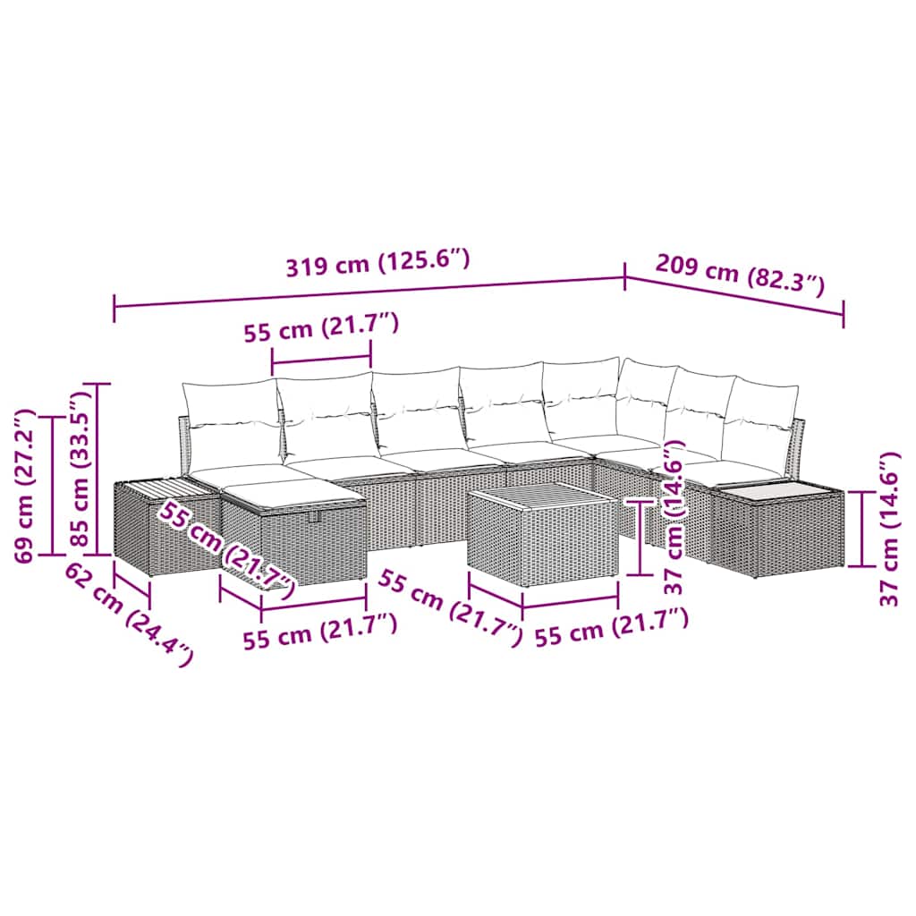 Tuinbankenset met kussen 9 pcs Zwart poly rattan