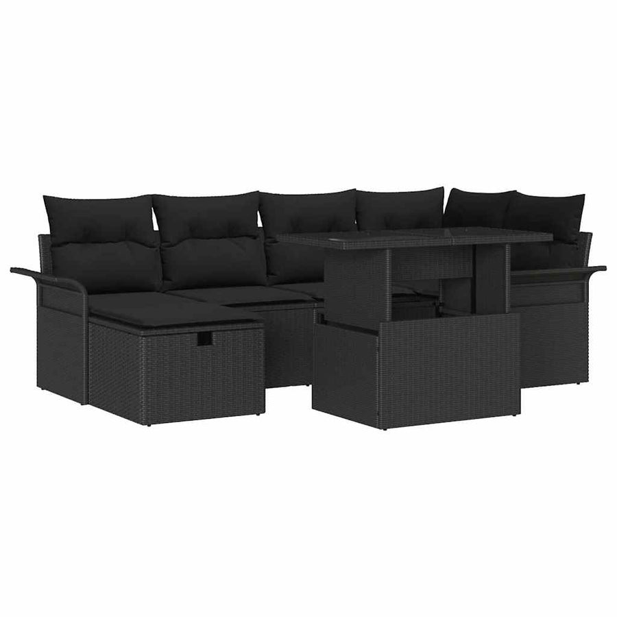 Tuinbankenset met kussen met opslag 7 pcs Zwart poly rattan