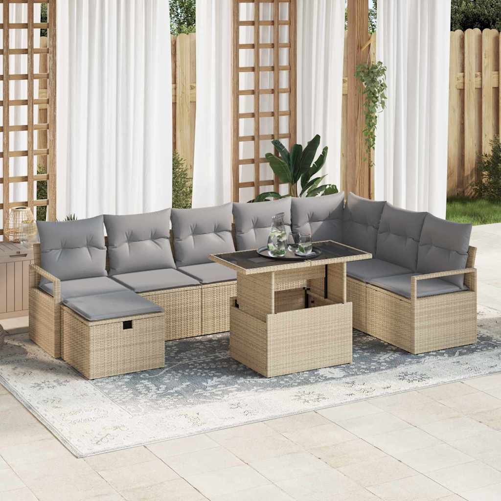 Tuin Sofa Set met kussen met opslag 9 pcs Beige Poly riet