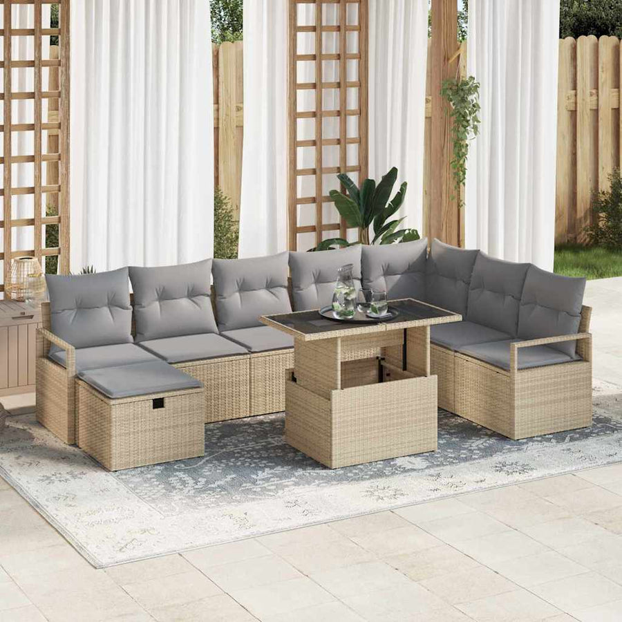 Tuin Sofa Set met kussen met opslag 9 pcs Beige Poly riet
