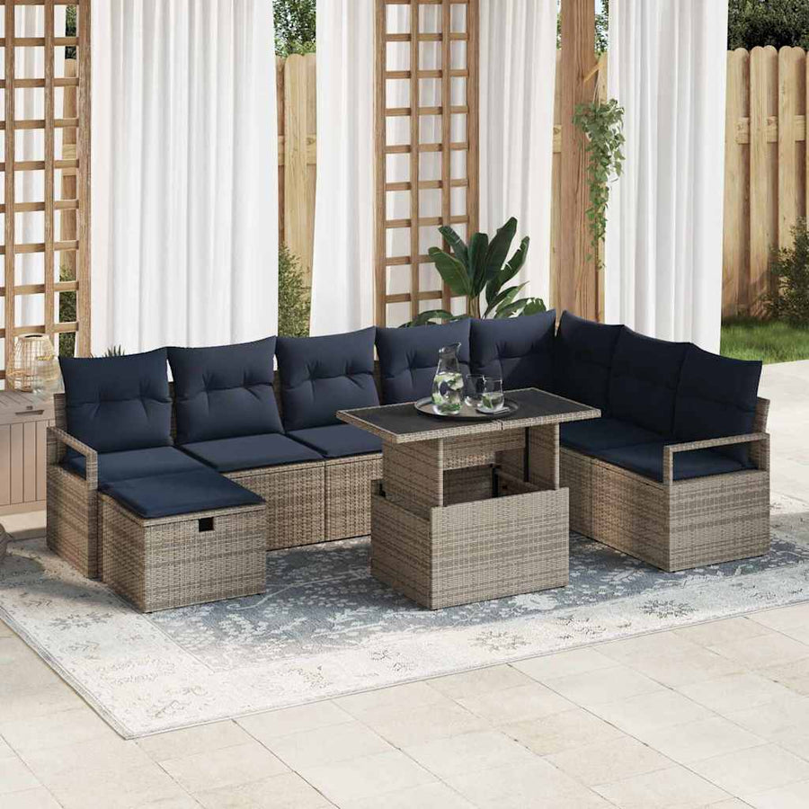 Tuin Sofa Set met kussen met opslag 9 pcs Grijs Poly riet