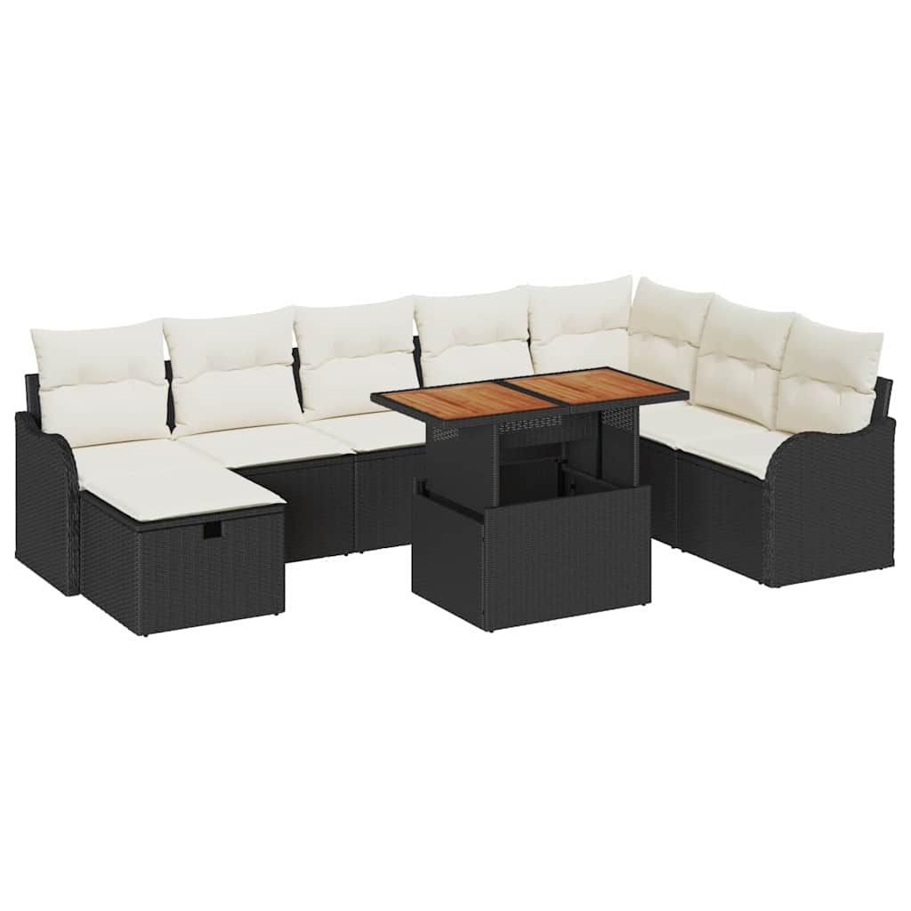 Tuinbankenset met kussen met opslag 9 pcs Zwart poly rattan