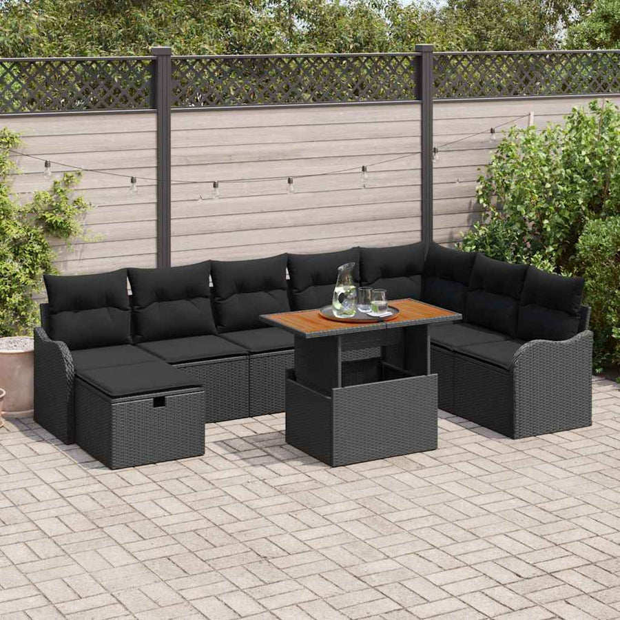 Tuinbankenset met kussen met opslag 9 pcs Zwart poly rattan