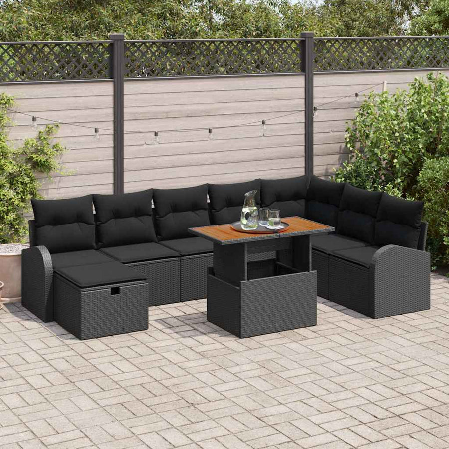 Tuinbankenset met kussen met opslag 9 pcs Zwart poly rattan