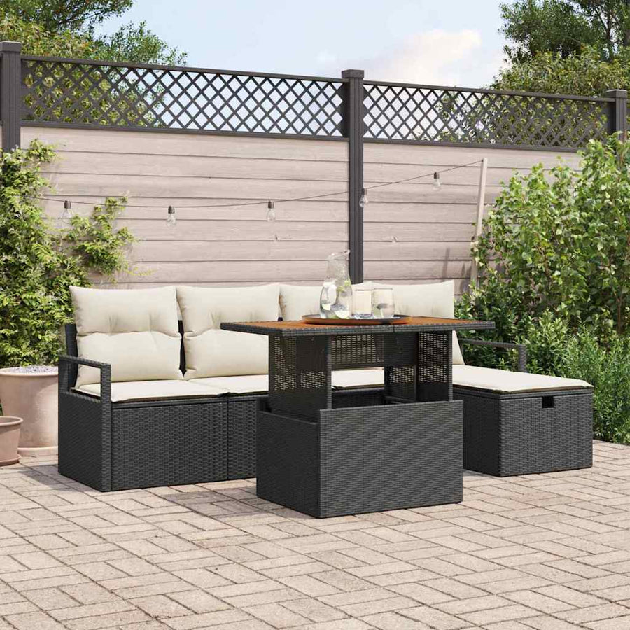 Tuinbankenset met kussen met opslag 6 pcs Zwart poly rattan