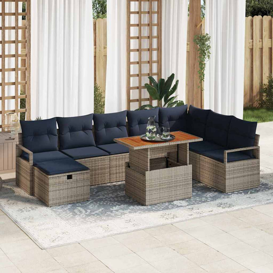 Tuinbankenset met kussen met opslag 9 pcs Grijs poly rattan