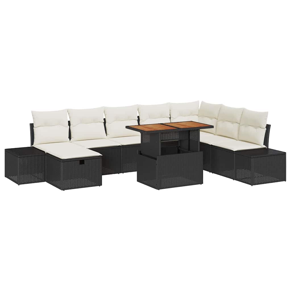 Tuinbankenset met kussen met opslag 9 pcs Zwart poly rattan