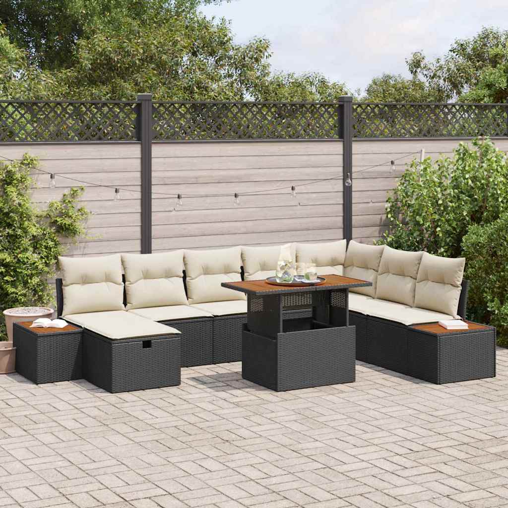 Tuinbankenset met kussen met opslag 9 pcs Zwart poly rattan