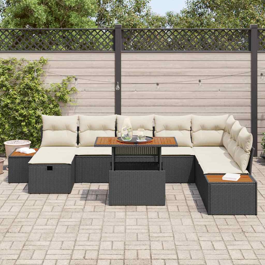 Tuinbankenset met kussen met opslag 9 pcs Zwart poly rattan