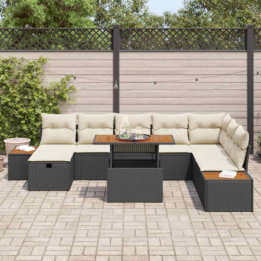 Tuinbankenset met kussen met opslag 9 pcs Zwart poly rattan