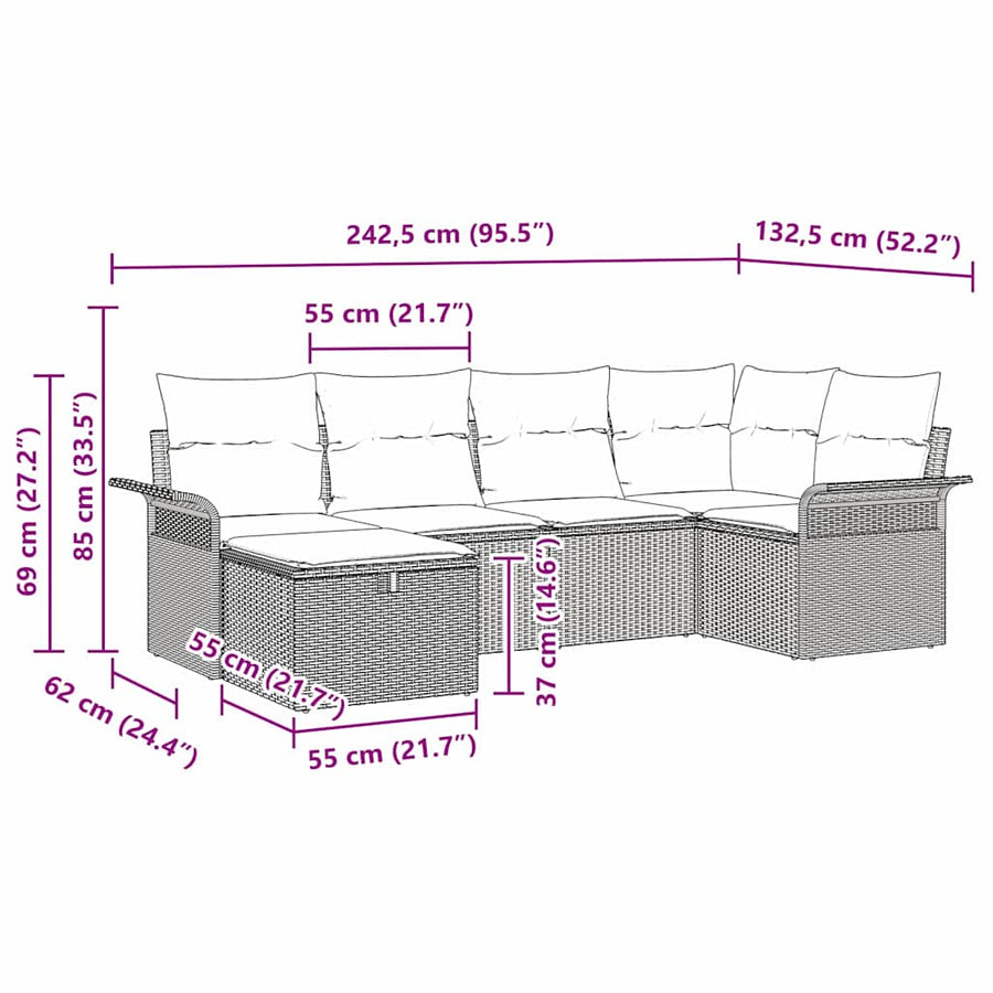 Tuin Sofa Set met kussen met opslag 6 pcs Poly riet