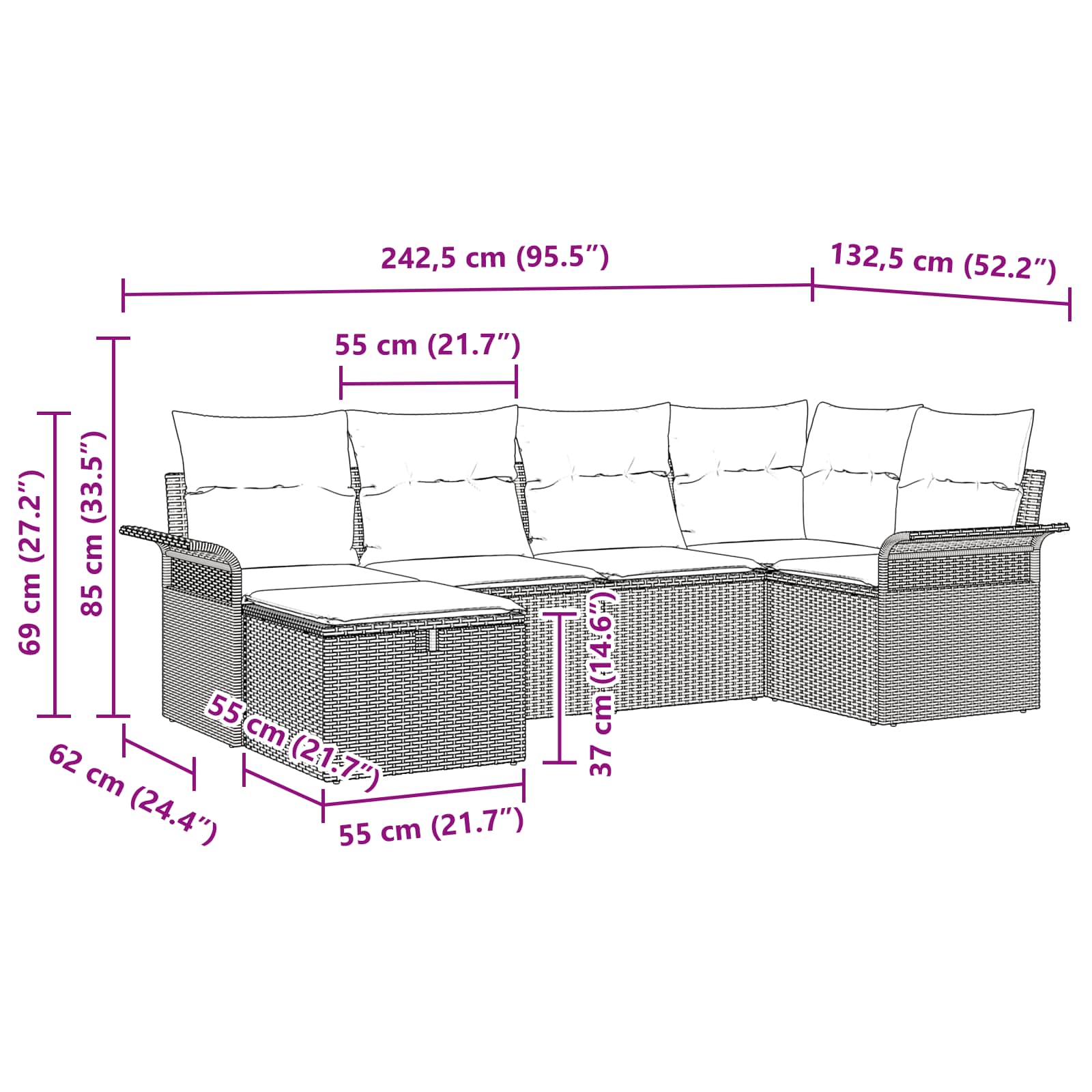 Tuin Sofa Set met kussen met opslag 6 pcs Poly riet
