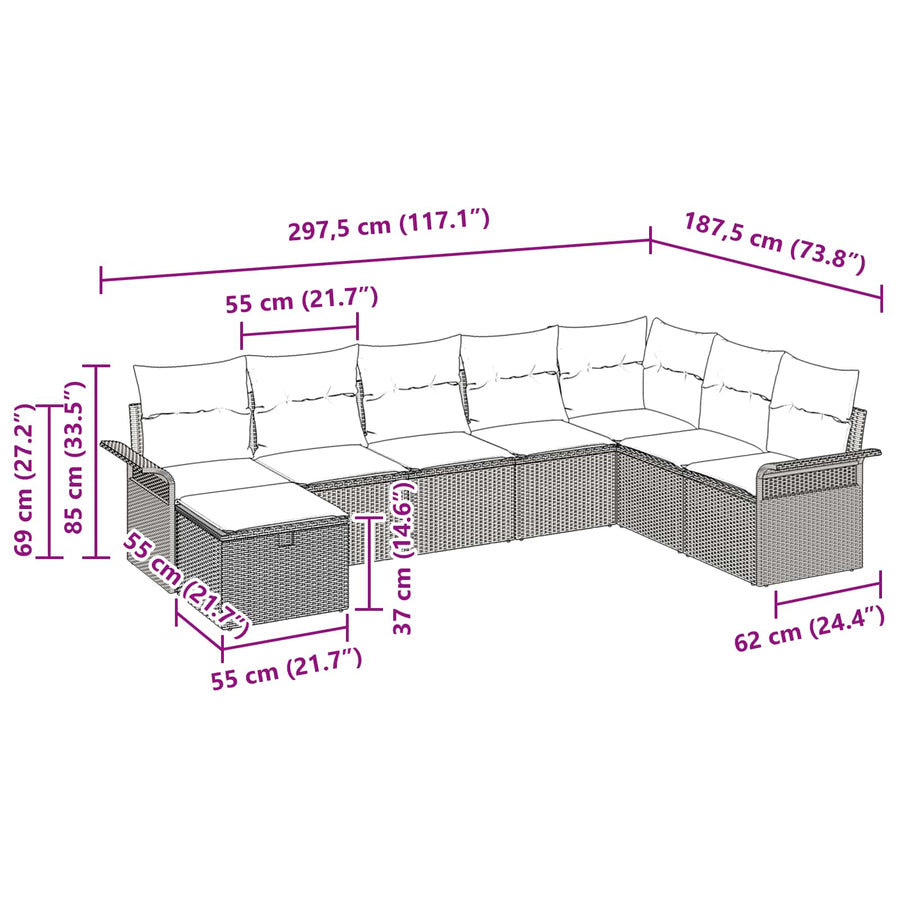 Tuin Sofa Set met kussen met opslag 8 pcs Poly riet