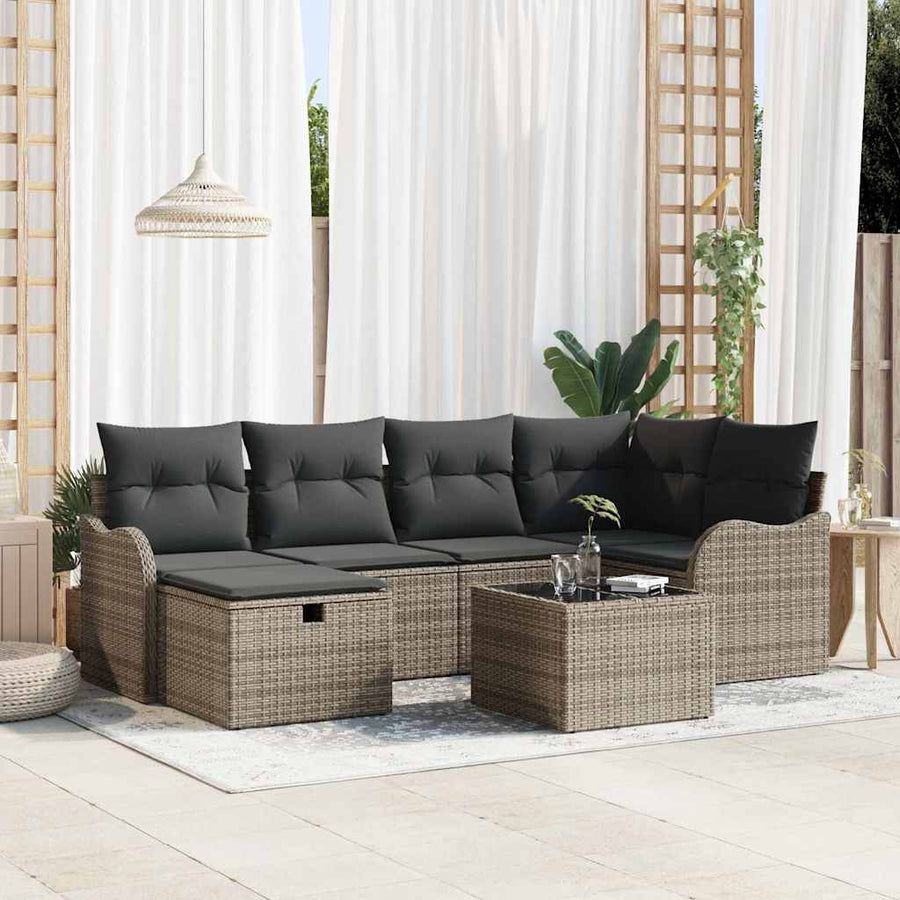 Tuin Sofa Set Met Kussen Met Opslag 7 Pcs Poly Riet Grijs Donkergrijs met tafel
