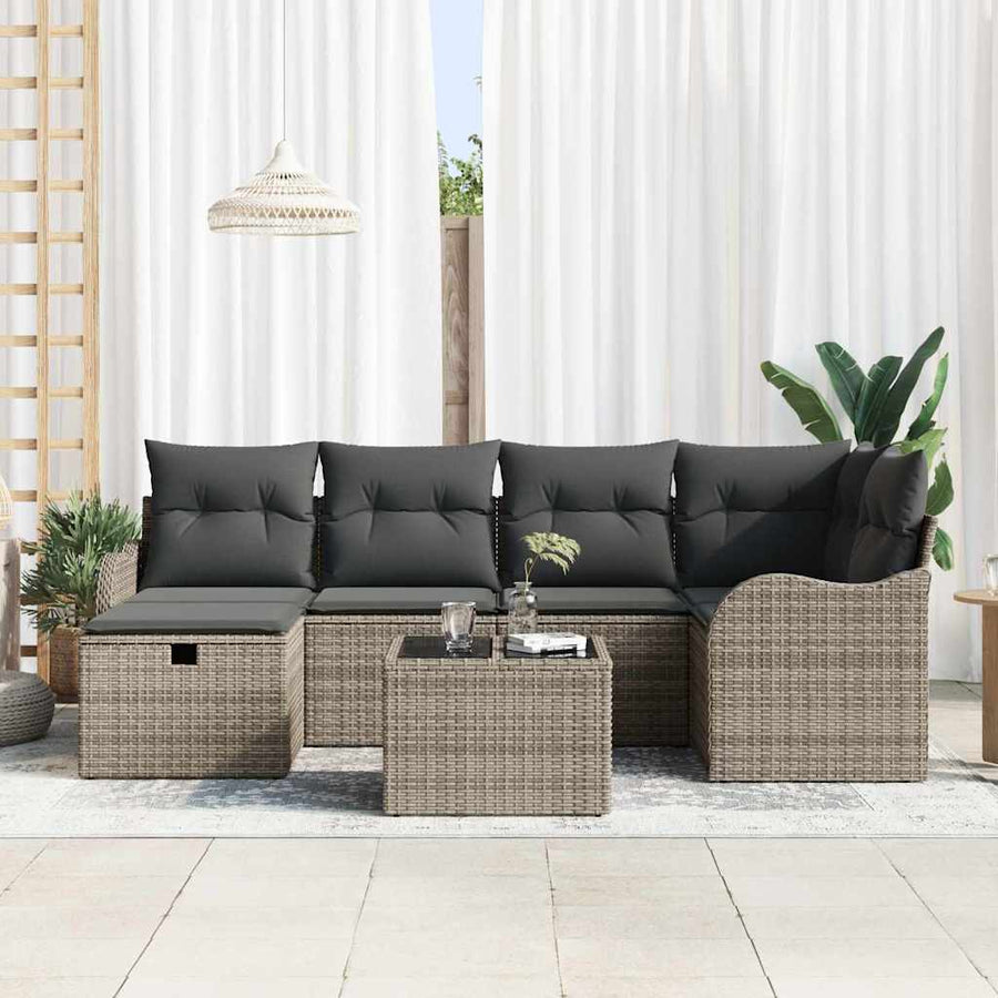 Tuin Sofa Set Met Kussen Met Opslag 7 Pcs Poly Riet Grijs Donkergrijs met tafel