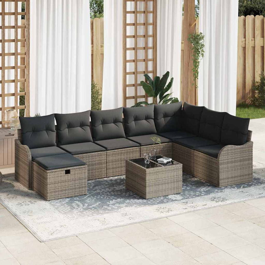 Tuin Sofa Set Met Kussen Met Opslag 9 Pcs Poly Riet Grijs Donkergrijs met tafel