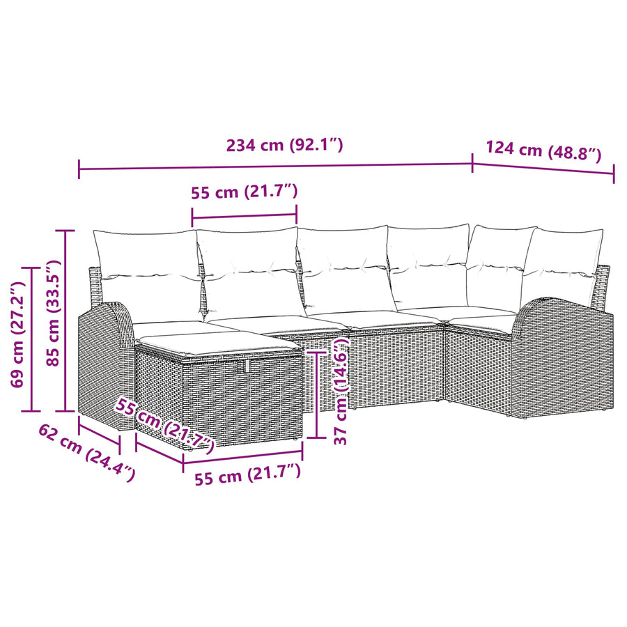 Tuin Sofa Set met kussen met opslag 6 pcs Zwart poly rattan