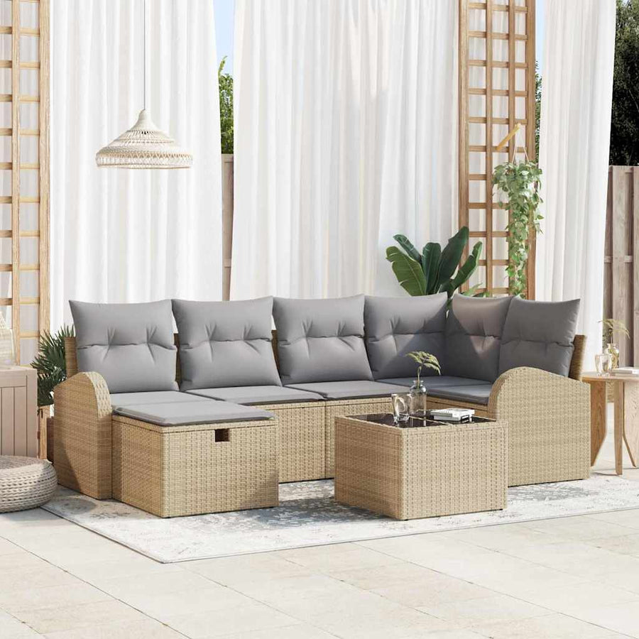 Tuin Sofa Set met kussen met opslag 7 pcs Beige Poly riet