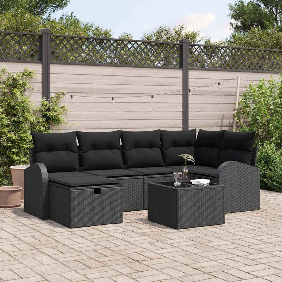 Tuin Sofa Set met kussen met opslag 7 pcs Zwart Poly riet