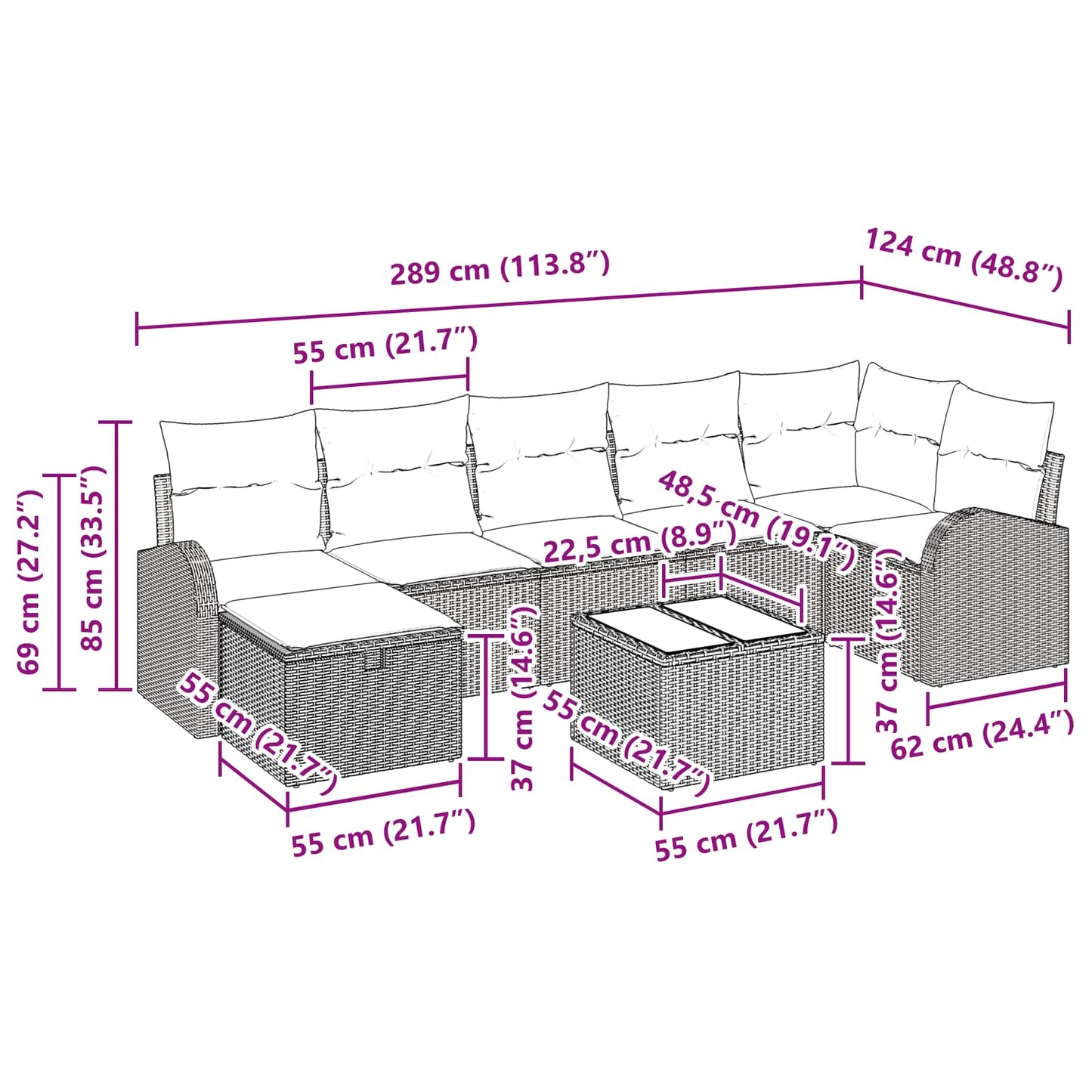 Tuin Sofa Set met kussen met opslag 8 pcs Zwart Poly riet