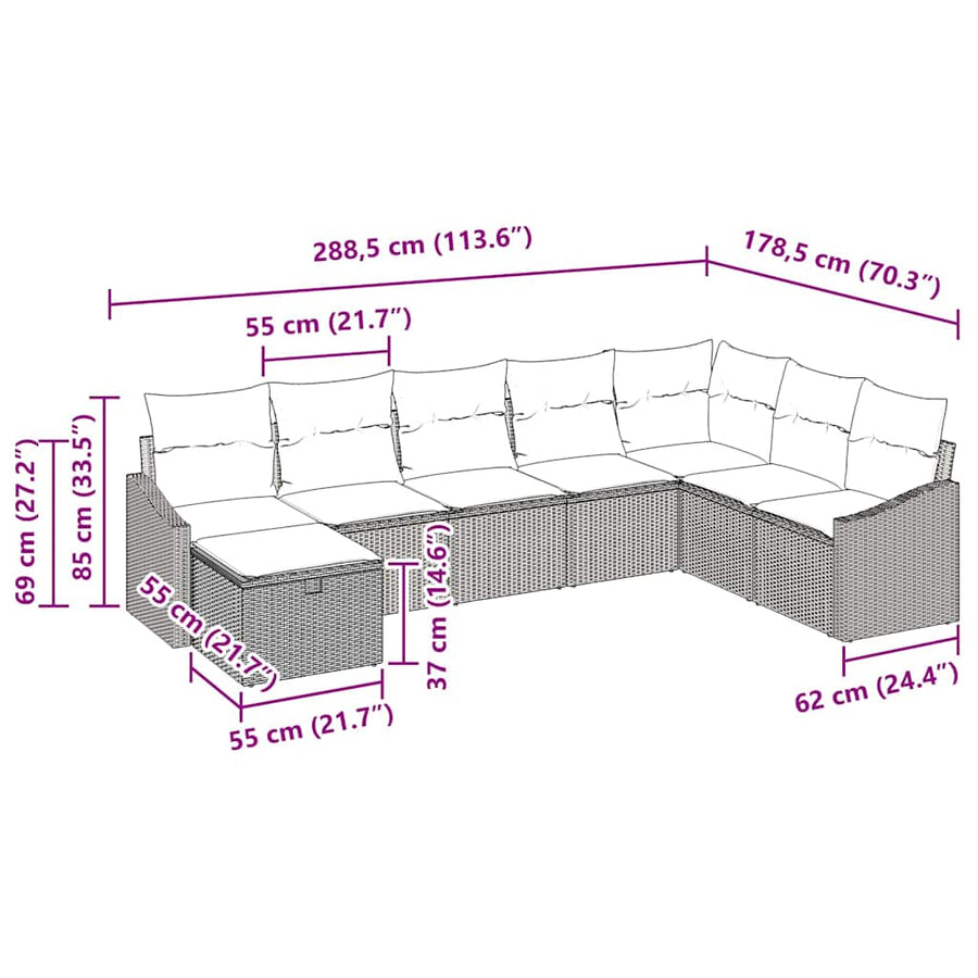 Bankstel met kussen 9 pcs poly rattan