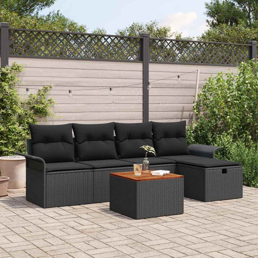 Tuinbankenset met kussen met opslag 6 pcs Zwart Poly riet
