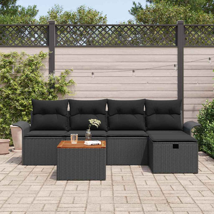 Tuinbankenset met kussen met opslag 6 pcs Zwart Poly riet