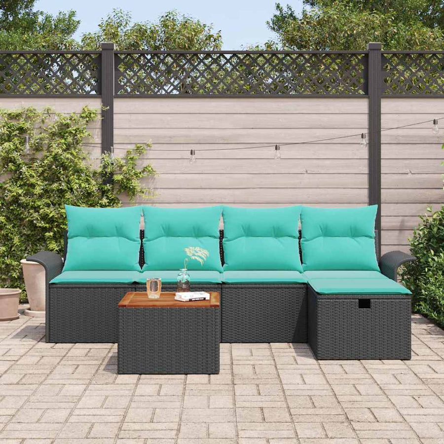 Tuinbankenset met kussen met opslag 6 pcs Zwart Poly riet