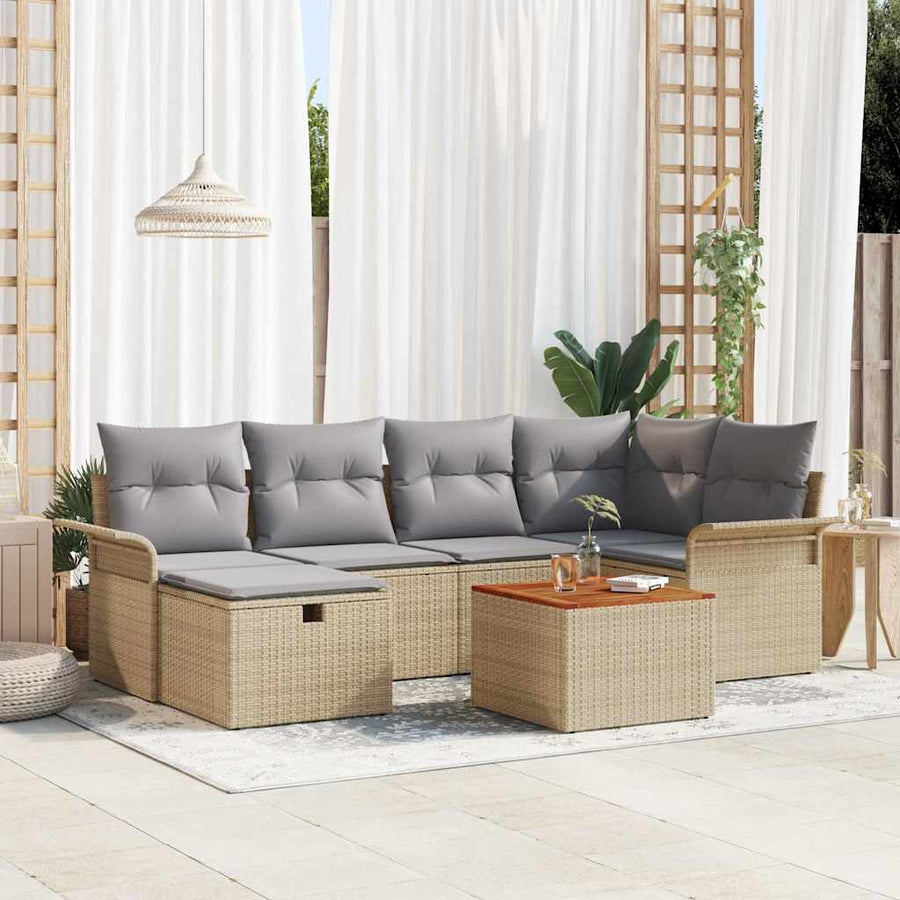 Tuinbankenset met kussen met opslag 7 pcs Beige Poly riet