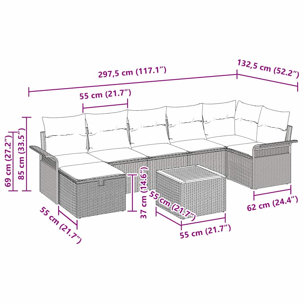 Tuin Sofa Set met kussen met opslag 8 pcs Beige Poly riet