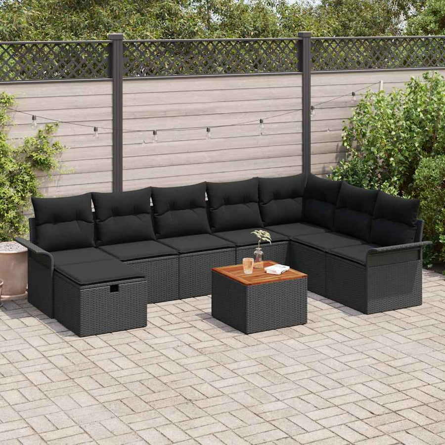 Tuinbankenset met kussen met opslag 9 pcs Zwart Poly riet